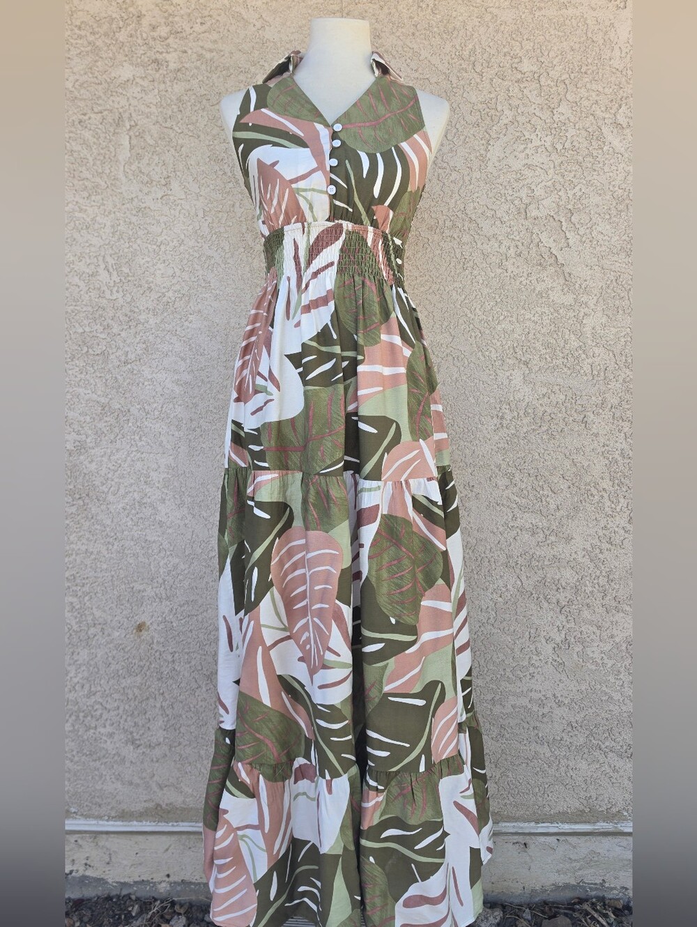 Dress Day Sleeveless Collared Leaf Print Maxi Dress-Olive & Blush  NWT